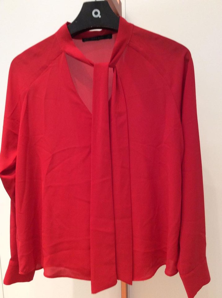 Zara Kırmızı V Yakalı Uzun Kollu Kadın Gömlek - Görsel 4