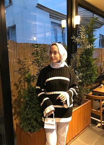 Oversize Çizgili Kazak 