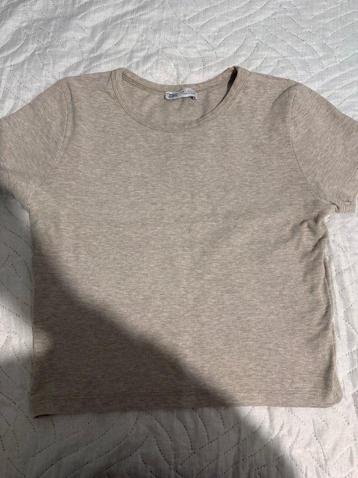 Bej Kısa Kollu kalın kumaşlı tişört - Görsel 2