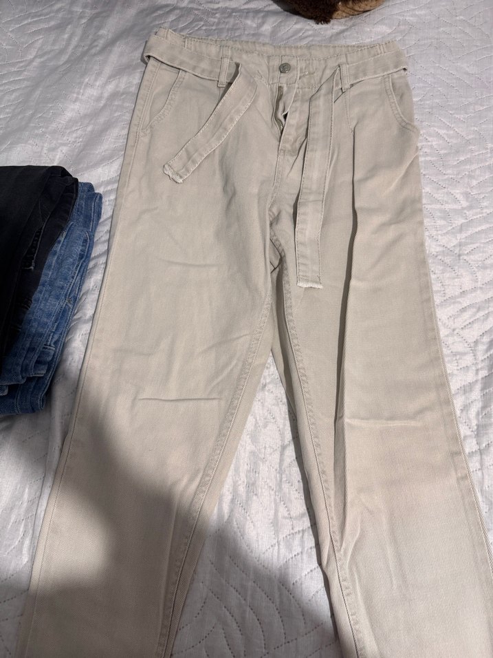 Bej Kadın Kemerli Mom jean kot - Görsel 5