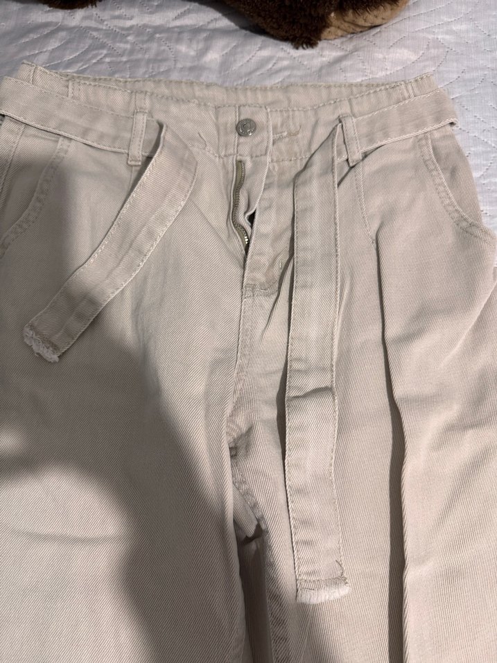 Bej Kadın Kemerli Mom jean kot - Görsel 4