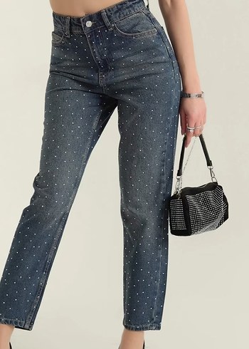 Kadın Gri Payetli Puanlı Denim Jean