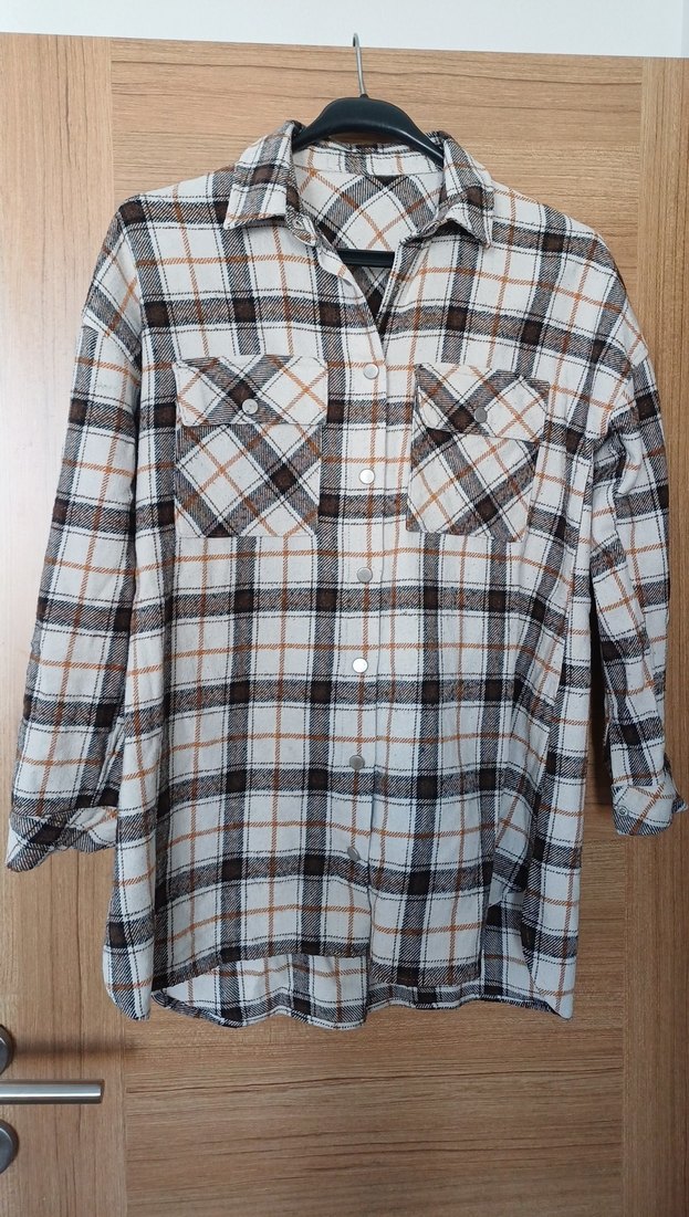 Bej Ekose Desenli Pamuklu Kadın Gömlek - Görsel 2