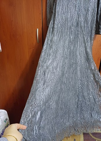 Gri Uzun Kollu simli Elbise - Görsel 3