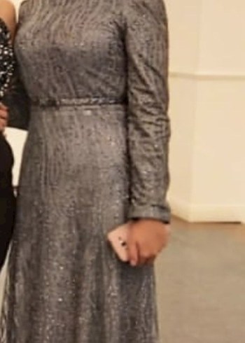 Gri Uzun Kollu simli Elbise - Görsel 5