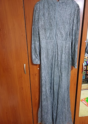 Gri Uzun Kollu simli Elbise - Görsel 6