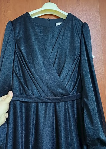 Siyah simli Uzun Kollu tesettur Abiye Elbise - Görsel 5