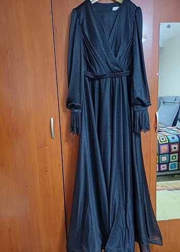 Siyah simli Uzun Kollu tesettur Abiye Elbise - Görsel 6