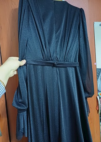 Siyah simli Uzun Kollu tesettur Abiye Elbise - Görsel 3