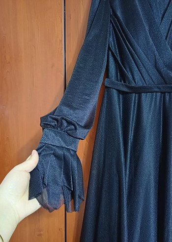 Siyah simli Uzun Kollu tesettur Abiye Elbise - Görsel 7