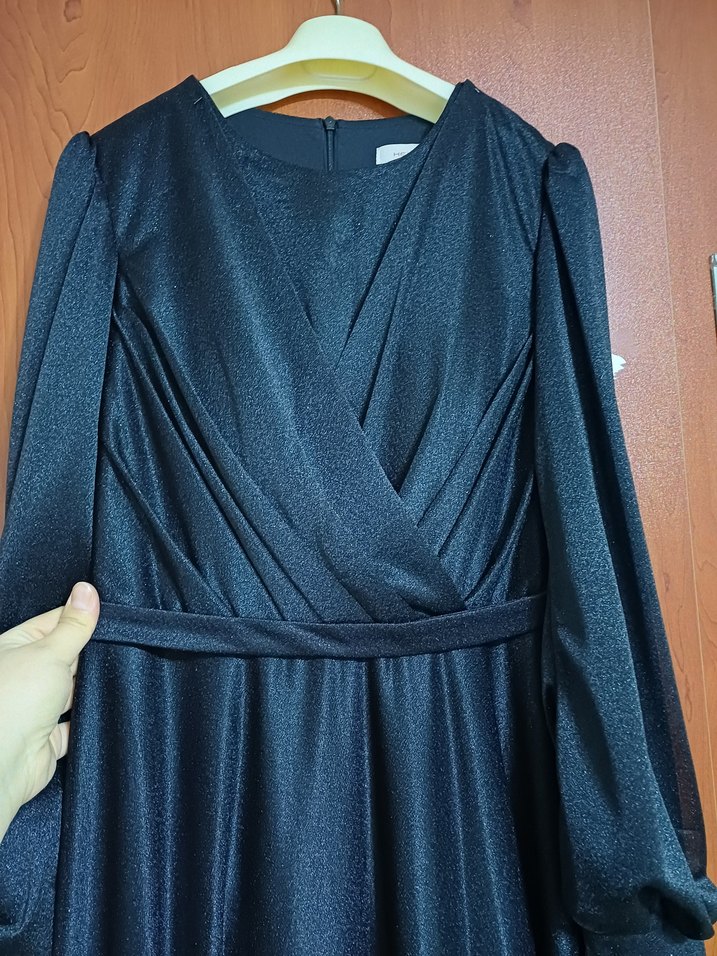 Siyah simli Uzun Kollu tesettur Abiye Elbise - Görsel 5