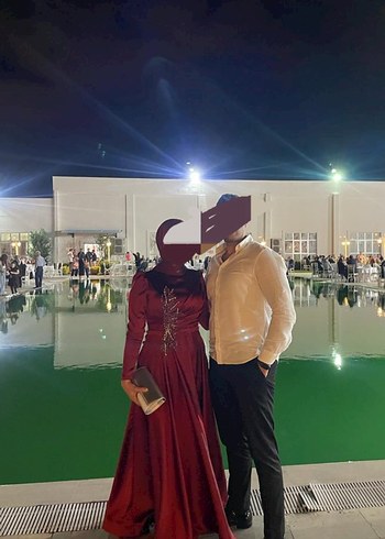 Uzun Kollu bordo İşlemeli Abiye Elbise - Görsel 7