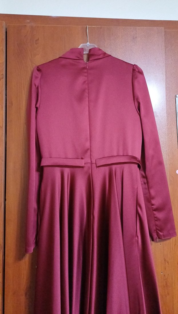 Uzun Kollu bordo İşlemeli Abiye Elbise - Görsel 5