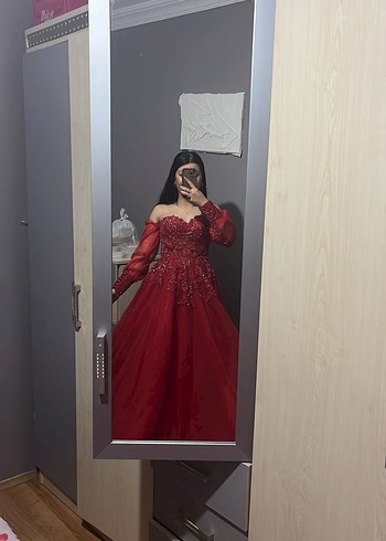 Kırmızı Parlak Straplez Uzun Kına Abiye Elbise - Görsel 8