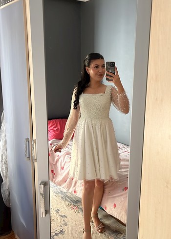 Uzun Kollu Transparan Beyaz Midi Nişan  Bride Elbisesi - Görsel 2