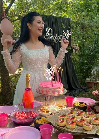 Uzun Kollu Transparan Beyaz Midi Nişan  Bride Elbisesi - Görsel 7