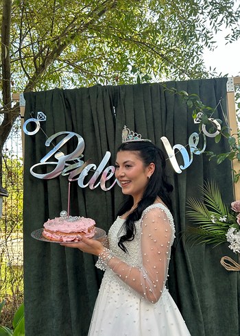 Uzun Kollu Transparan Beyaz Midi Nişan  Bride Elbisesi - Görsel 3