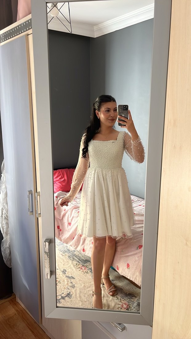 Uzun Kollu Transparan Beyaz Midi Nişan  Bride Elbisesi - Görsel 2