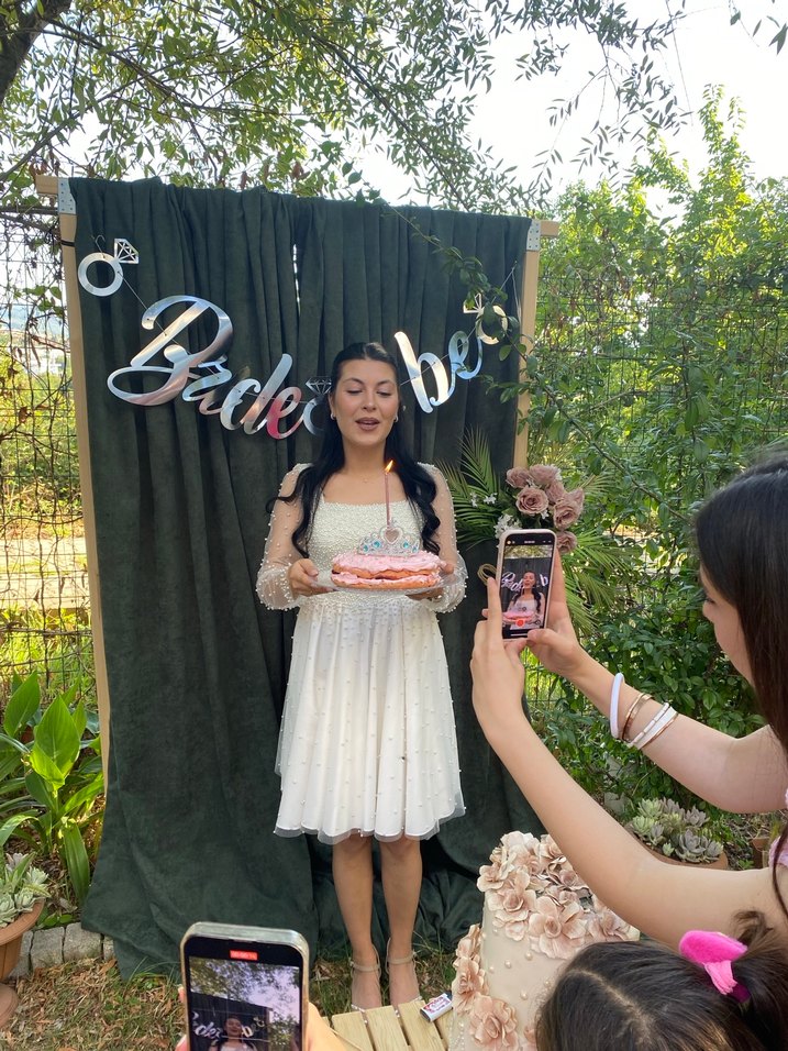 Uzun Kollu Transparan Beyaz Midi Nişan  Bride Elbisesi - Görsel 5