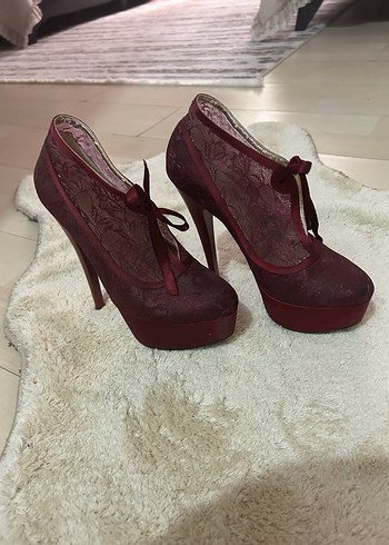 Bordo Dantelli Vintage Yüksek Topuklu Kadın Ayakkabı