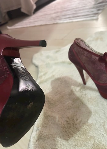 Zara Bordo Dantelli Vintage Yüksek Topuklu Kadın Ayakkabı