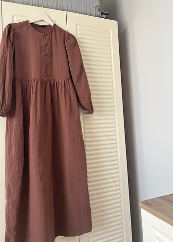 LC Waikiki Düğmeli Keten Uzun Kadın Elbise
