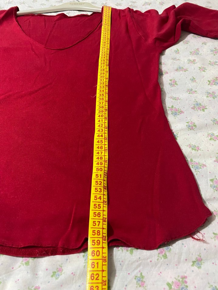 Kırmızı V Yaka Uzun Kollu Kadın Bluz ispanyol kol - Görsel 3