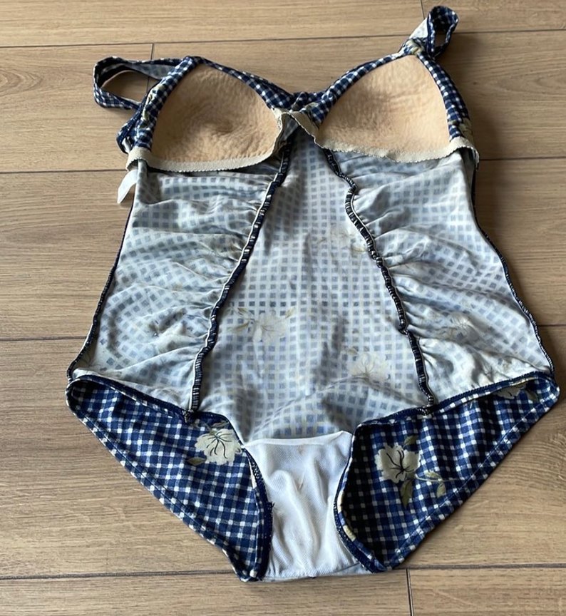 Retro Gingham Çiçekli Büzgülü Mayo / Pin-Up Tarzı Tek Parça Mayo - Görsel 4