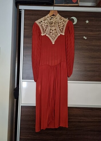 Diğer Saf ipek vintage elbise özel dikim yaka elisi dantel. M beden.