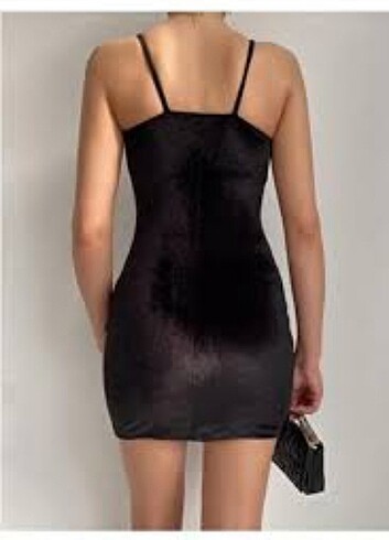 Diğer İp Askılı Kruvaze Yaka Kadife Elbise - Siyah