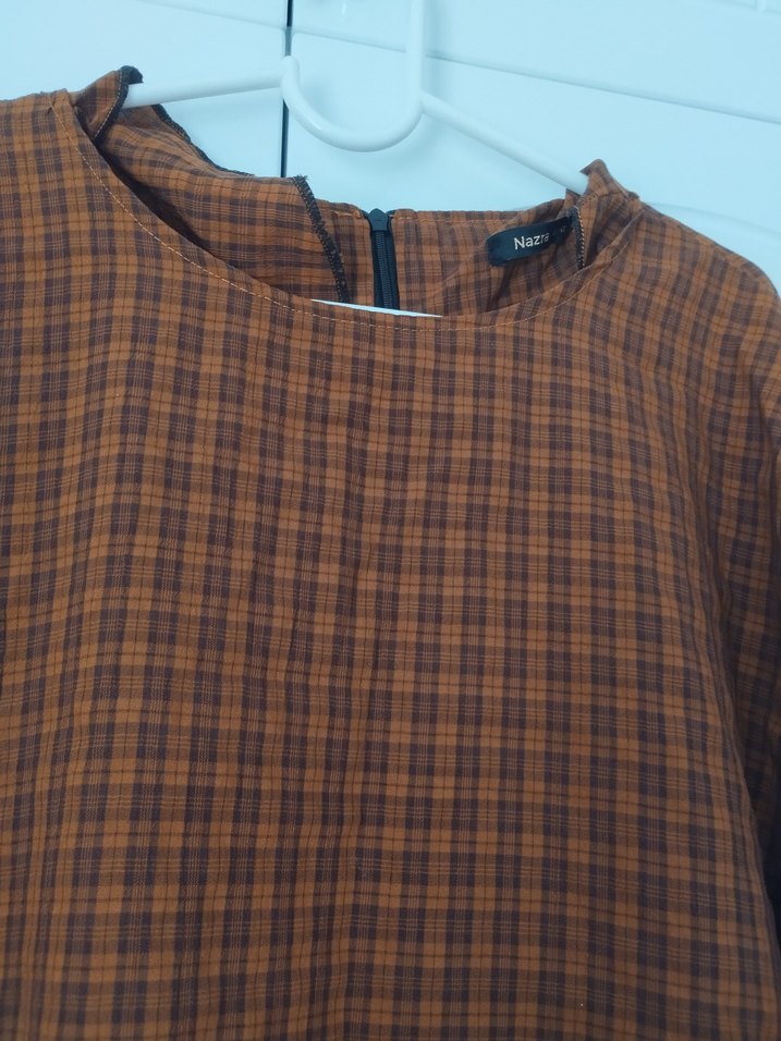 Düğmeli Kiremitrengi Ekose Keten Uzun tunik - Görsel 2