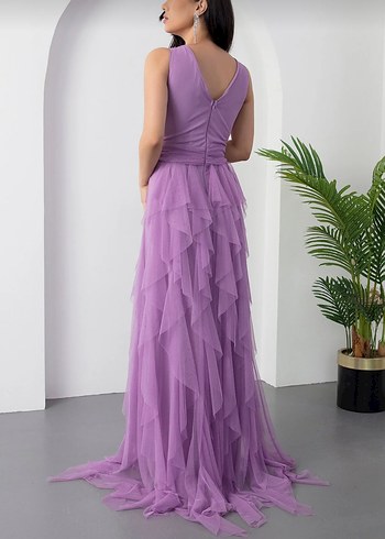 Mor Drapeli V Yaka Uzun Abiye Elbise - Görsel 2