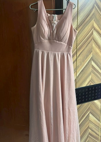 Pudra Pembe Drapeli V Yaka Uzun Abiye Elbise - Görsel 2