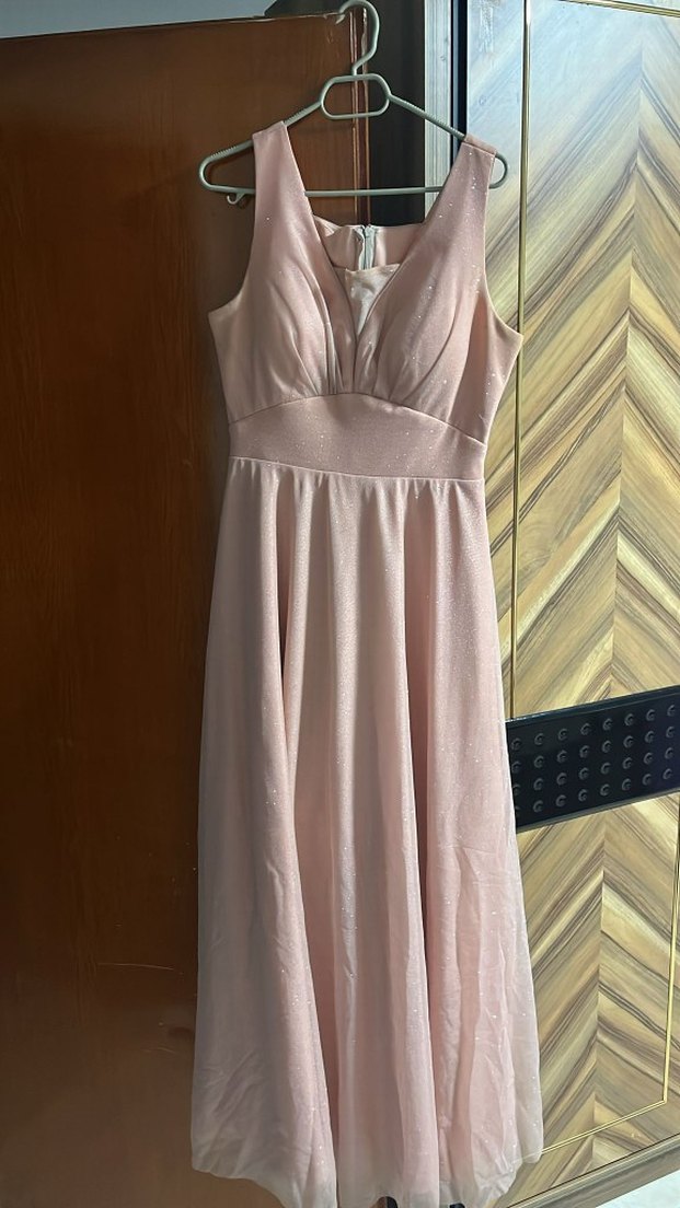 Pudra Pembe Drapeli V Yaka Uzun Abiye Elbise - Görsel 2