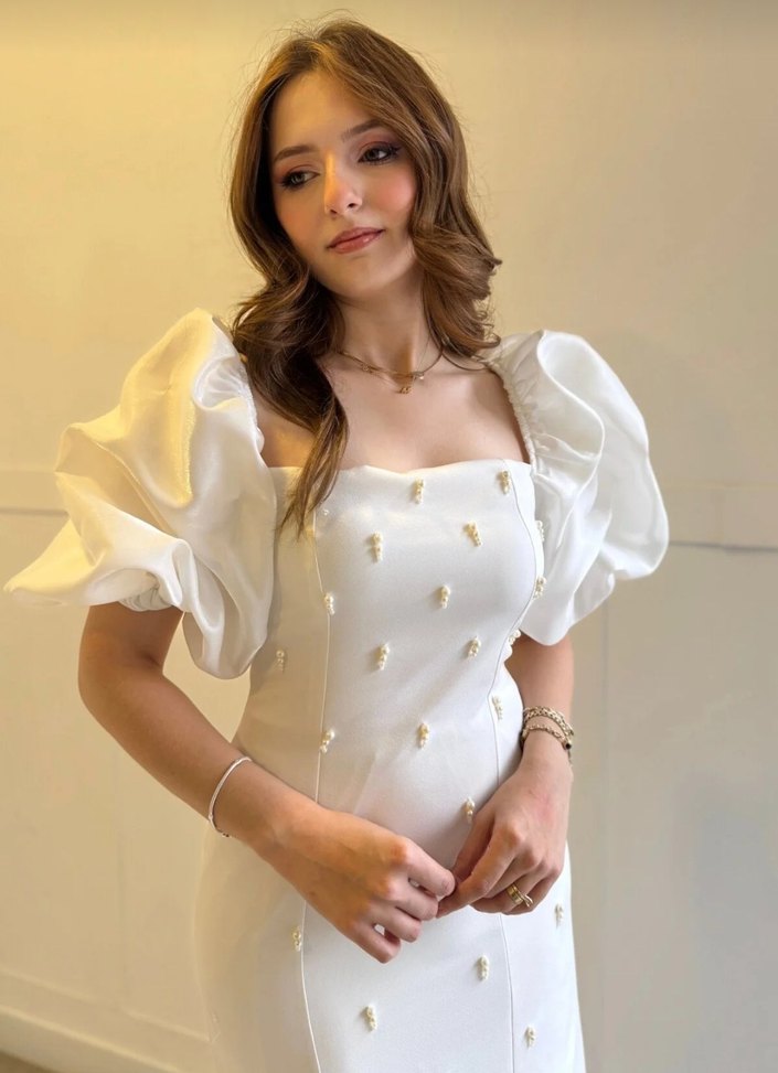 Beyaz Drape Detaylı Straplez Uzun Abiye - Görsel 2