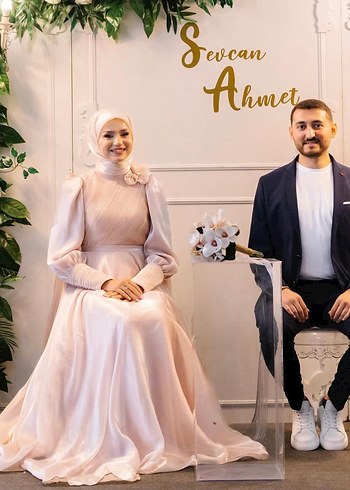 Bej Uzun Kollu Modern Klasik Düğün Elbisesi - Görsel 2