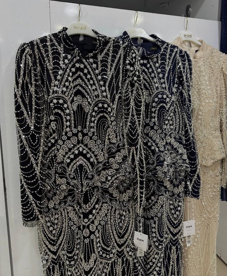 Boncuk İşlemeli Uzun Kollu Kadın Abiye Elbise - Görsel 2