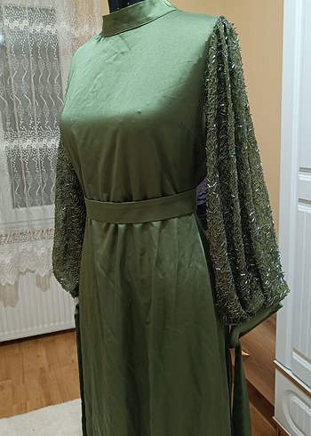 Uzun, Salaş, Drapeli Haki Kadın Abiye Elbise - Görsel 2