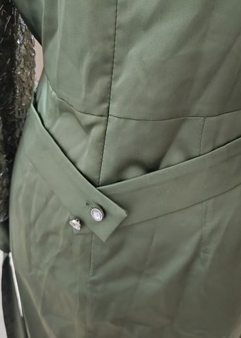 Uzun, Salaş, Drapeli Haki Kadın Abiye Elbise - Görsel 5