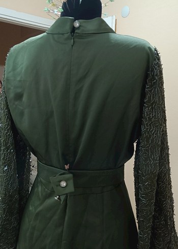 Uzun, Salaş, Drapeli Haki Kadın Abiye Elbise - Görsel 4