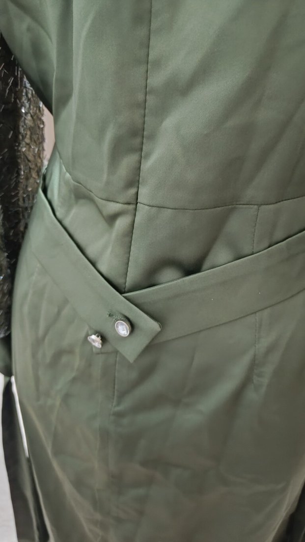 Uzun, Salaş, Drapeli Haki Kadın Abiye Elbise - Görsel 5