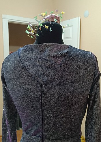 Gri Uzun Kollu V Yakalı Abiye Elbise - Görsel 4