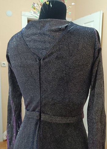 Gri Uzun Kollu V Yakalı Abiye Elbise - Görsel 3