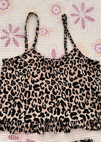 xl Beden kahverengi Renk Leopar Desenli Mini Kadın Pijama Takımı