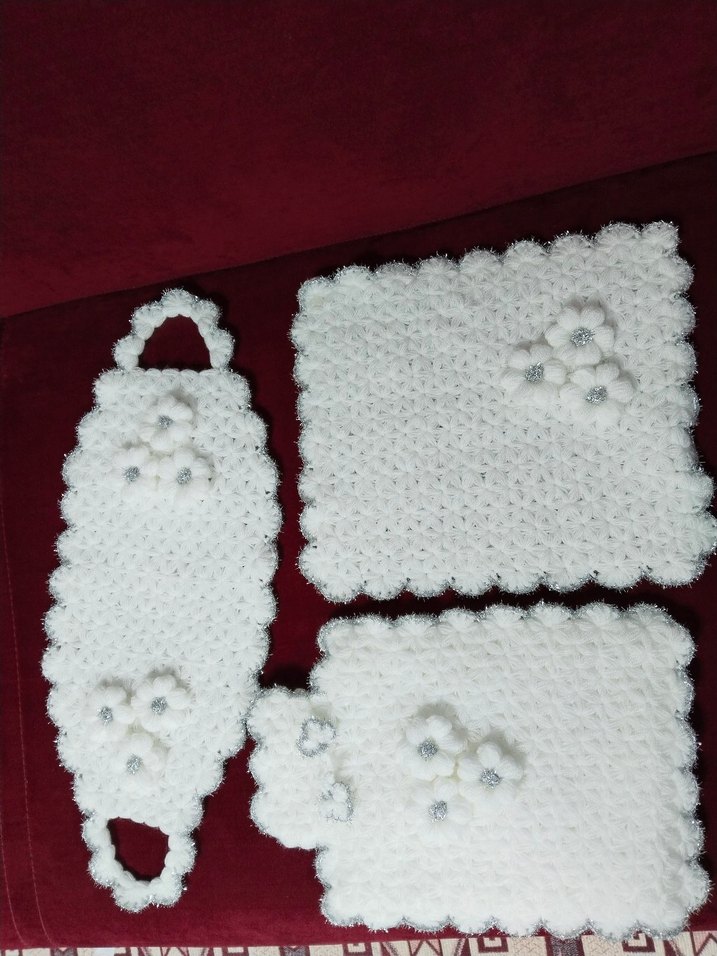 Beyaz El Örgüsü Çiçekli lif Set - Görsel 2