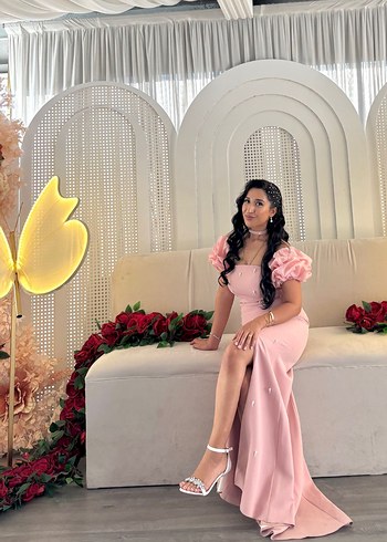 Pudra Pembe Askılı Drapeli Uzun Abiye - Görsel 3