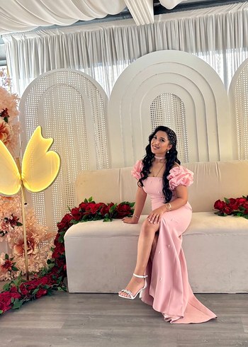 Pudra Pembe Askılı Drapeli Uzun Abiye - Görsel 4