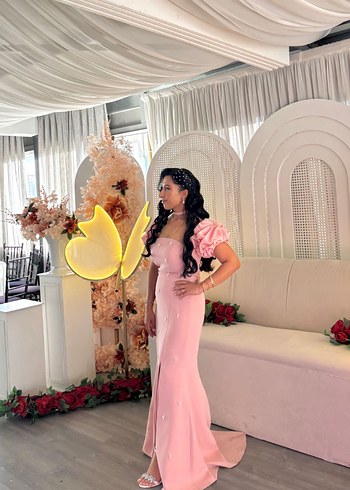 Pudra Pembe Drapeli Straplez Uzun Abiye - Görsel 4