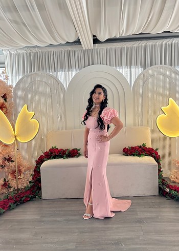 Pembe Straplez Drapeli Uzun Kadın Abiye - Görsel 4