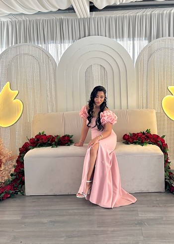 Pembe Straplez Drapeli Uzun Kadın Abiye - Görsel 3